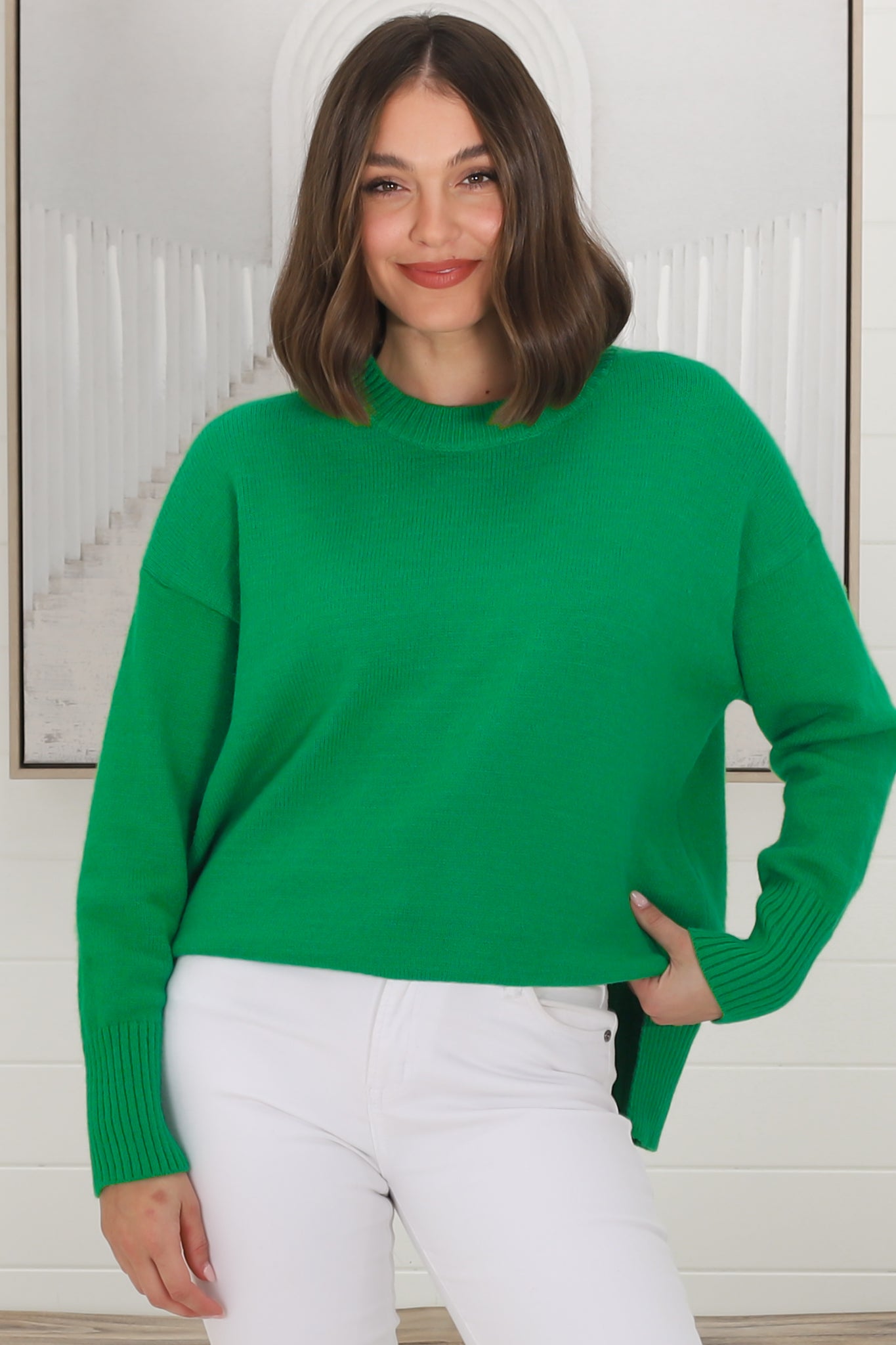 Rita Jumper - Relaxed Crew Neck Knit with Side Splits in Green