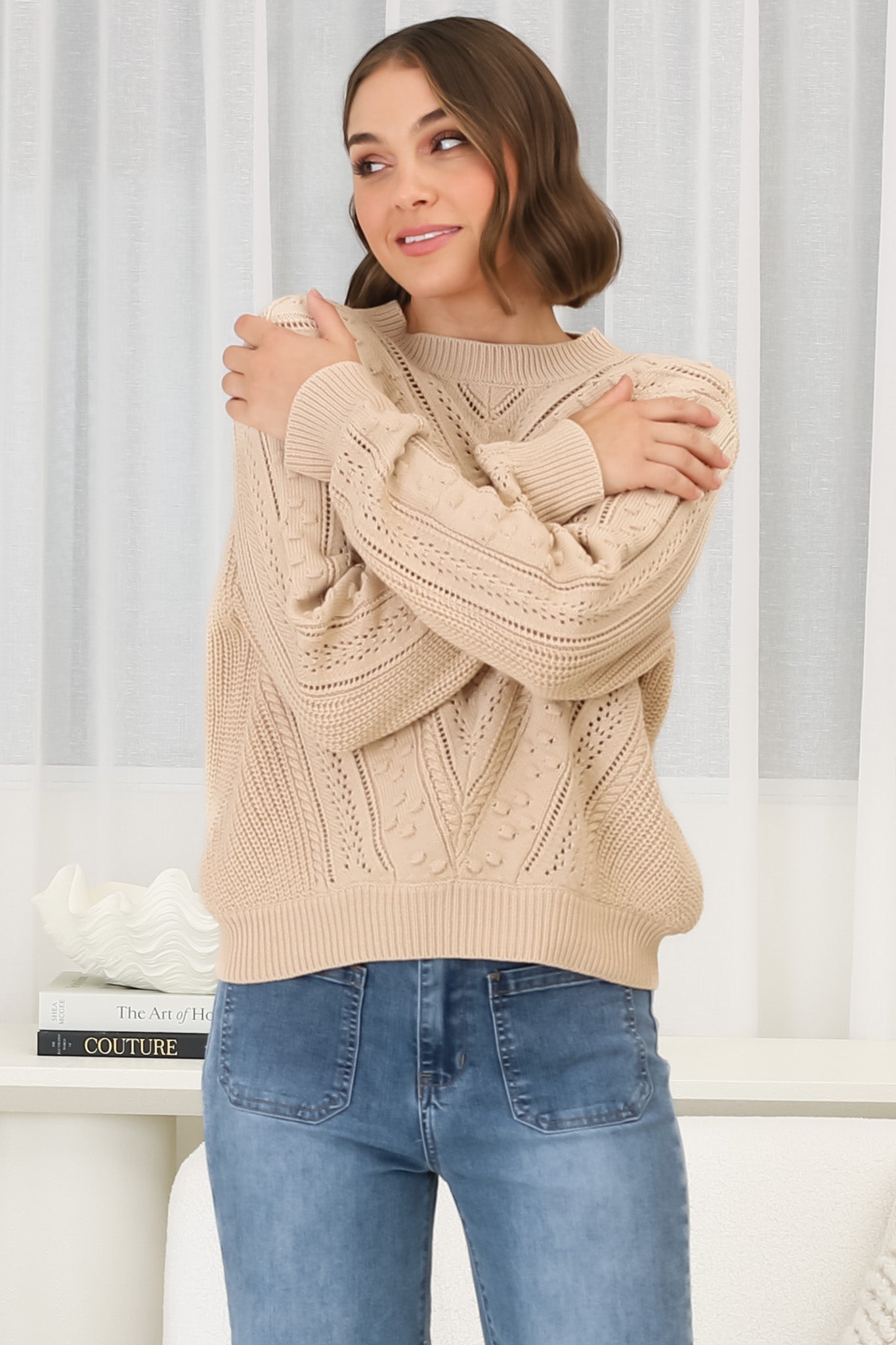 Ruthie Knit Top - Pom Pom Open Knit Decal Jumper in Beige