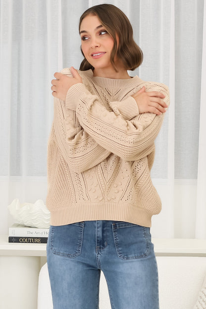 Ruthie Knit Top - Pom Pom Open Knit Decal Jumper in Beige