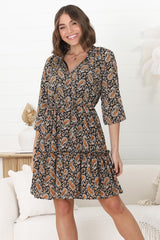 Alara Mini Dress - Frill Collar A Line Dress with Long Sleeves in Vella Print