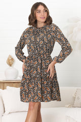 Alara Mini Dress - Frill Collar A Line Dress with Long Sleeves in Vella Print