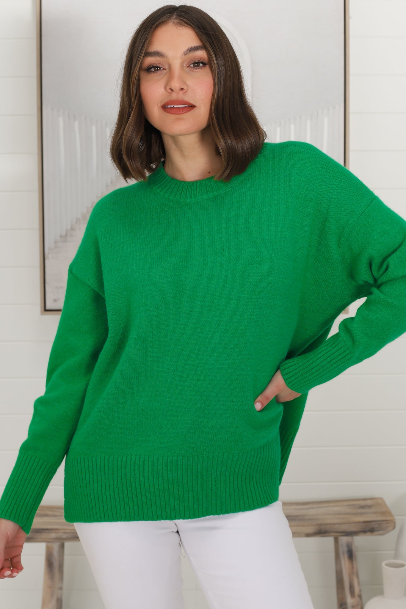 Rita Jumper - Relaxed Crew Neck Knit with Side Splits in Green