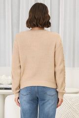 Ruthie Knit Top - Pom Pom Open Knit Decal Jumper in Beige