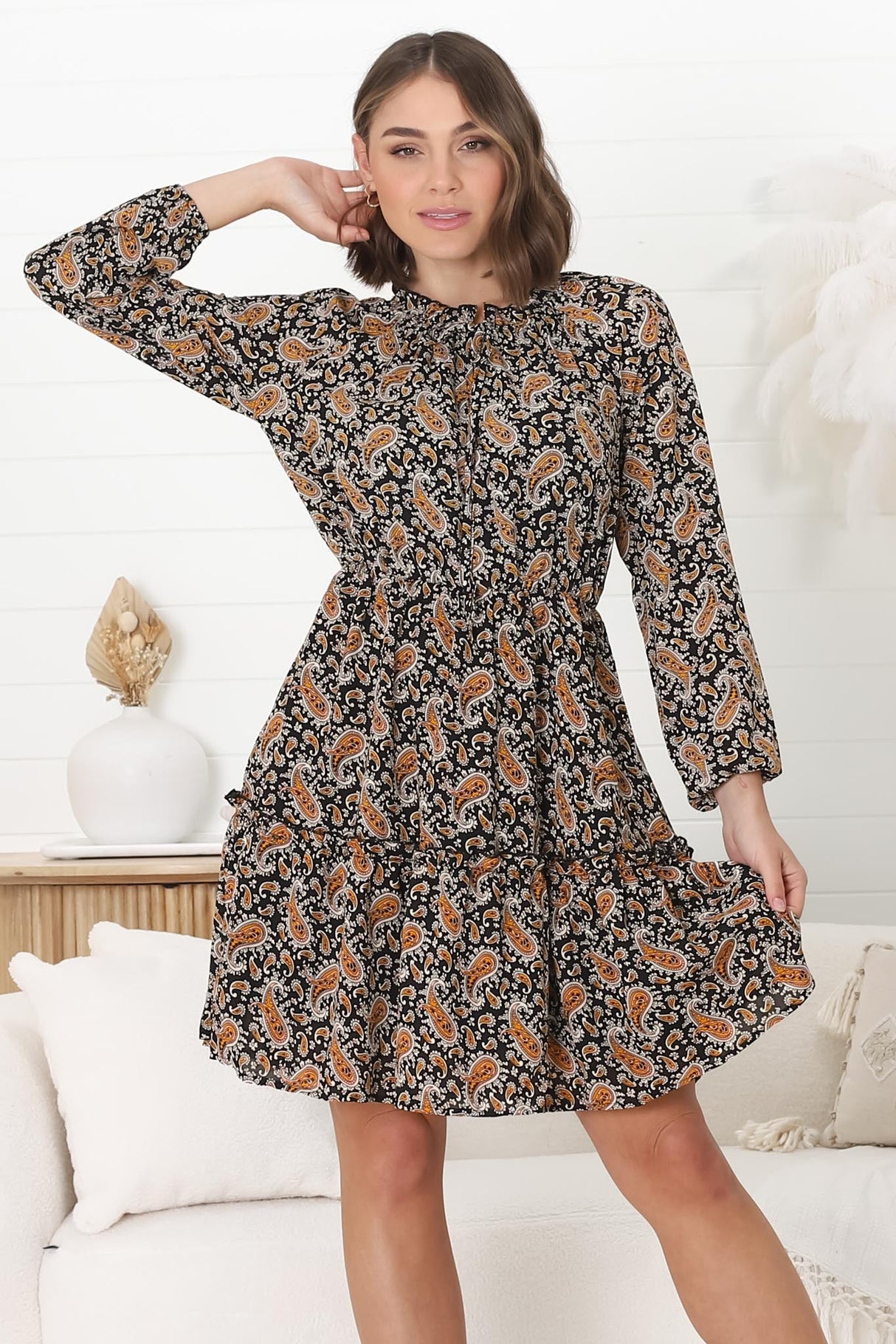 Alara Mini Dress - Frill Collar A Line Dress with Long Sleeves in Vella Print