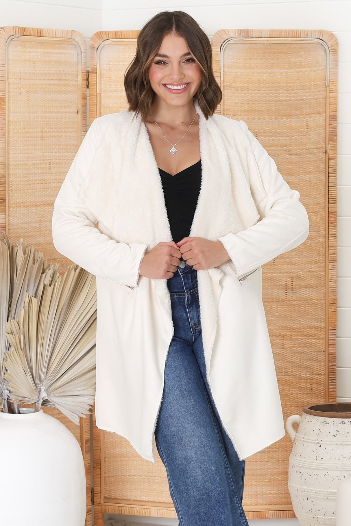 Devenish Jacket - Faux Fur Lined Suede-Like Waterfall Jacket in Cream