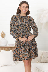 Alara Mini Dress - Frill Collar A Line Dress with Long Sleeves in Vella Print