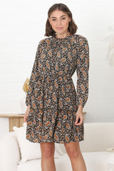 Alara Mini Dress - Frill Collar A Line Dress with Long Sleeves in Vella Print