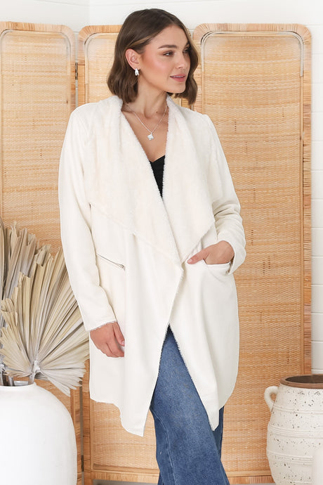 Devenish Jacket - Faux Fur Lined Suede-Like Waterfall Jacket in Cream