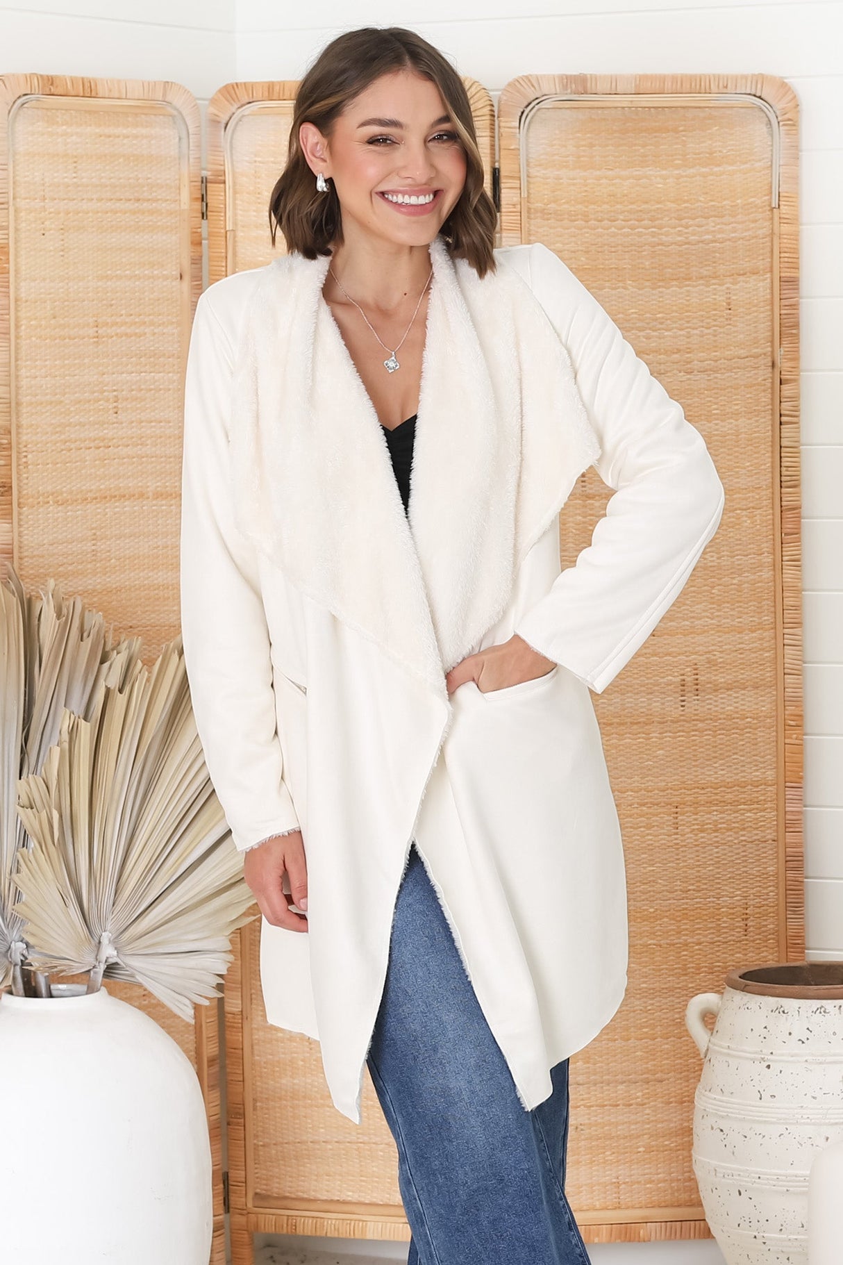 Devenish Jacket - Faux Fur Lined Suede-Like Waterfall Jacket in Cream