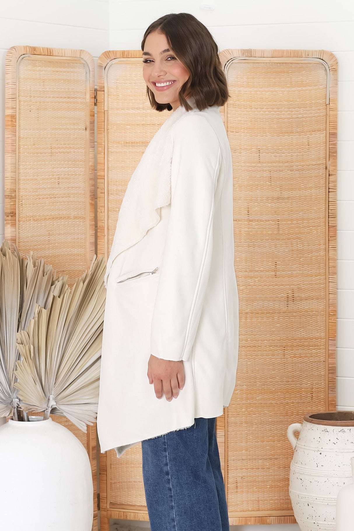 Devenish Jacket - Faux Fur Lined Suede-Like Waterfall Jacket in Cream