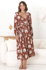 Bello Midi Dress -  Button Through Dress with Balloon Sleeves in Wells Print Brown