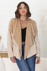 Newton Crop Jacket - Faux Fur Lined Suede-Like Waterfall Jacket in Beige