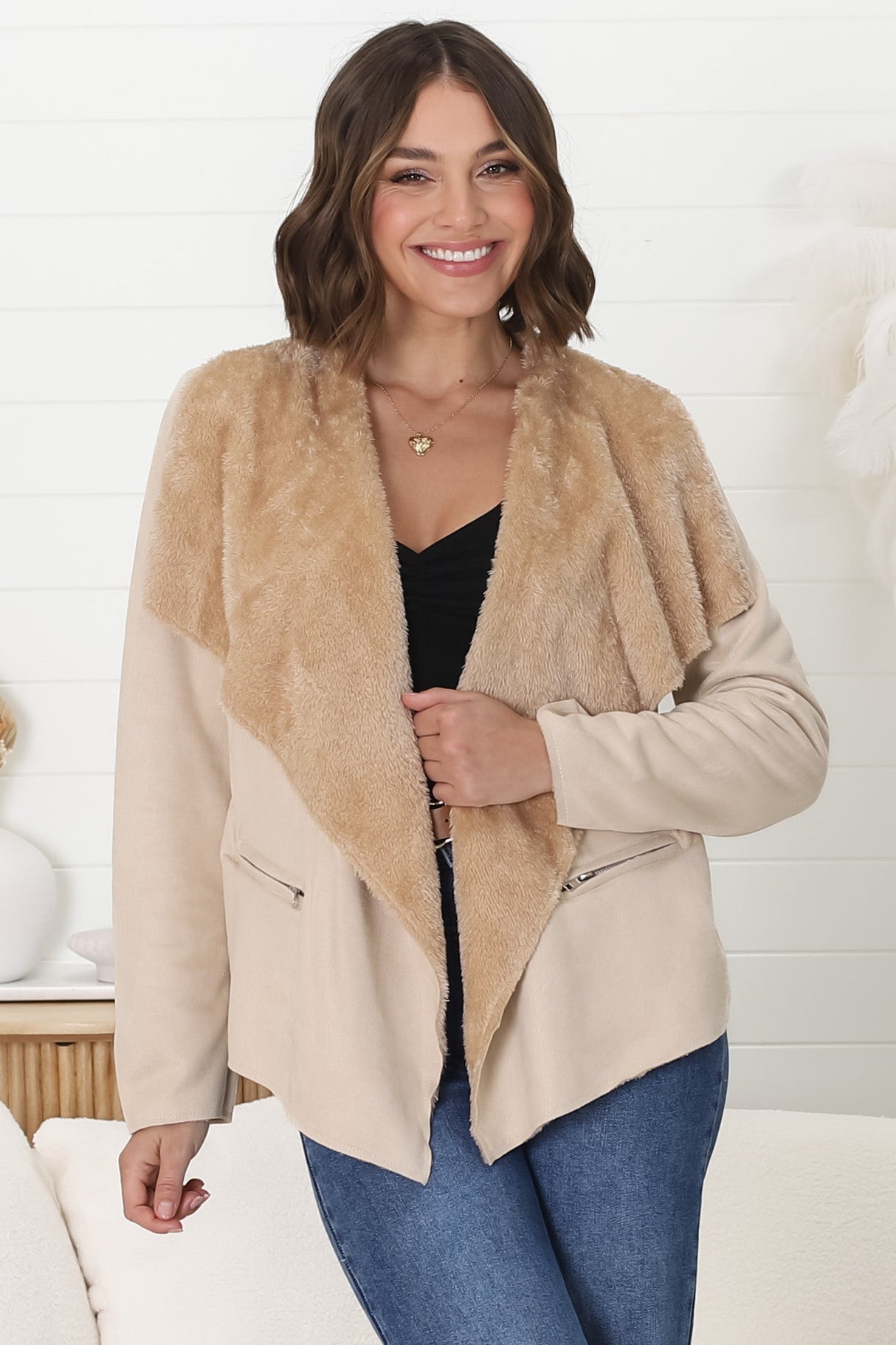 Newton Crop Jacket - Faux Fur Lined Suede-Like Waterfall Jacket in Beige