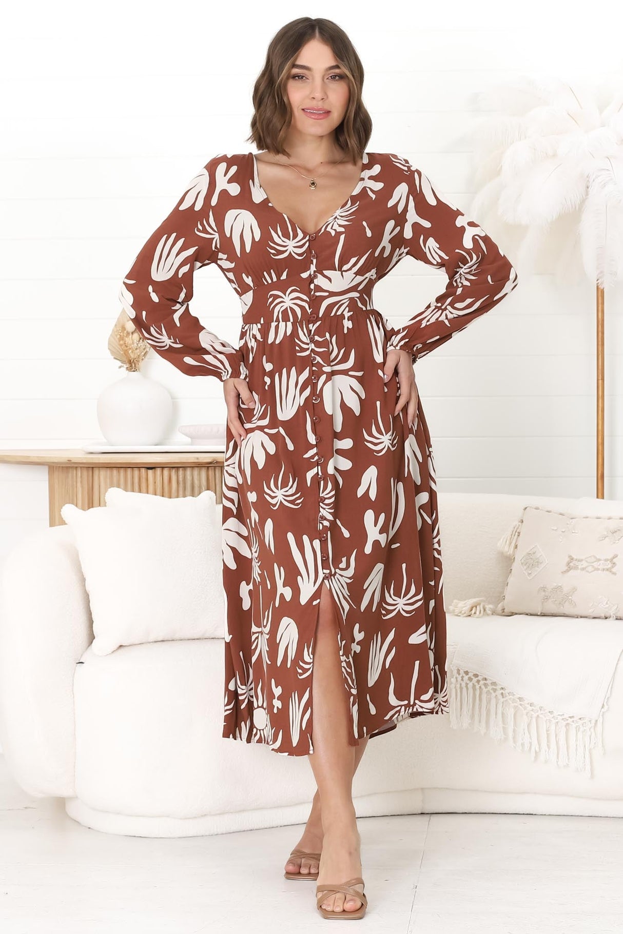 Bello Midi Dress -  Button Through Dress with Balloon Sleeves in Wells Print Brown