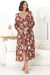 Bello Midi Dress -  Button Through Dress with Balloon Sleeves in Wells Print Brown