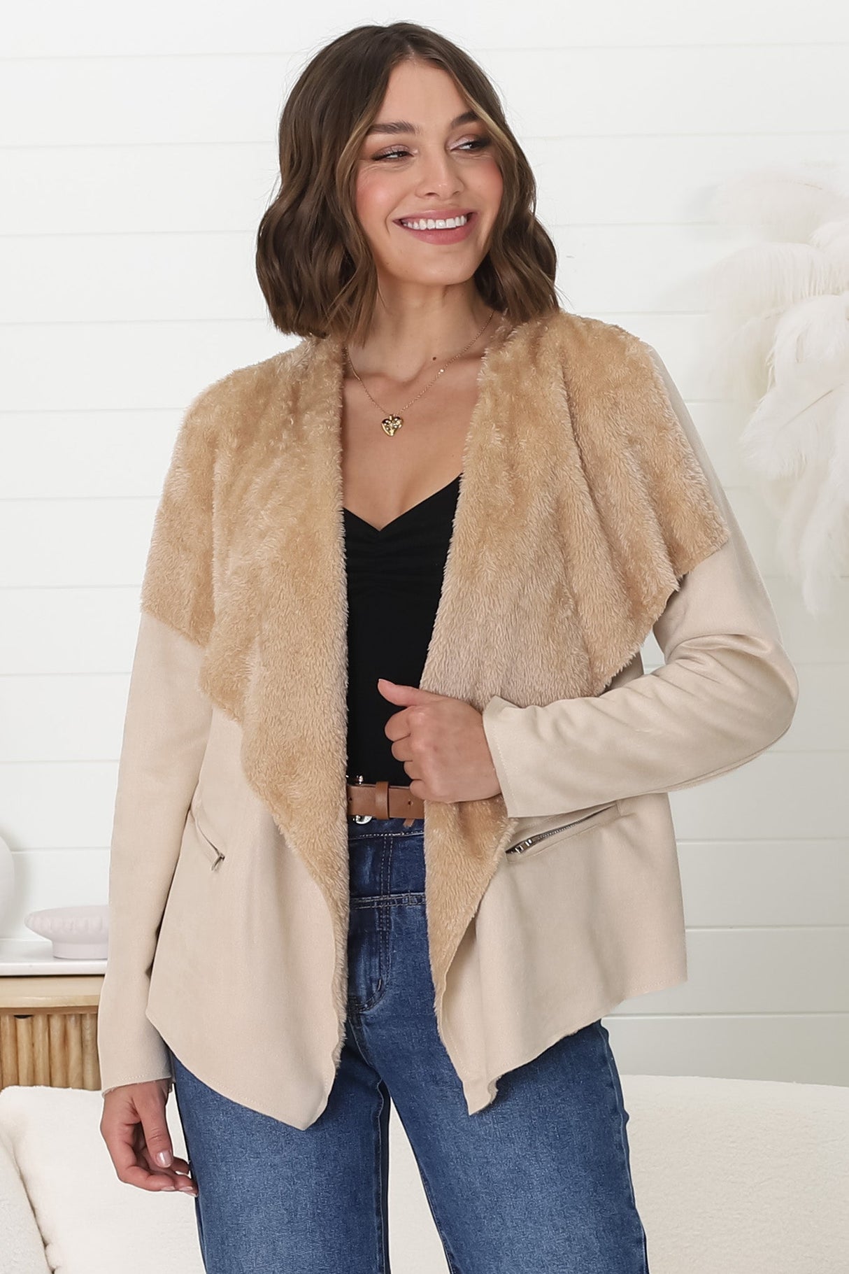 Newton Crop Jacket - Faux Fur Lined Suede-Like Waterfall Jacket in Beige