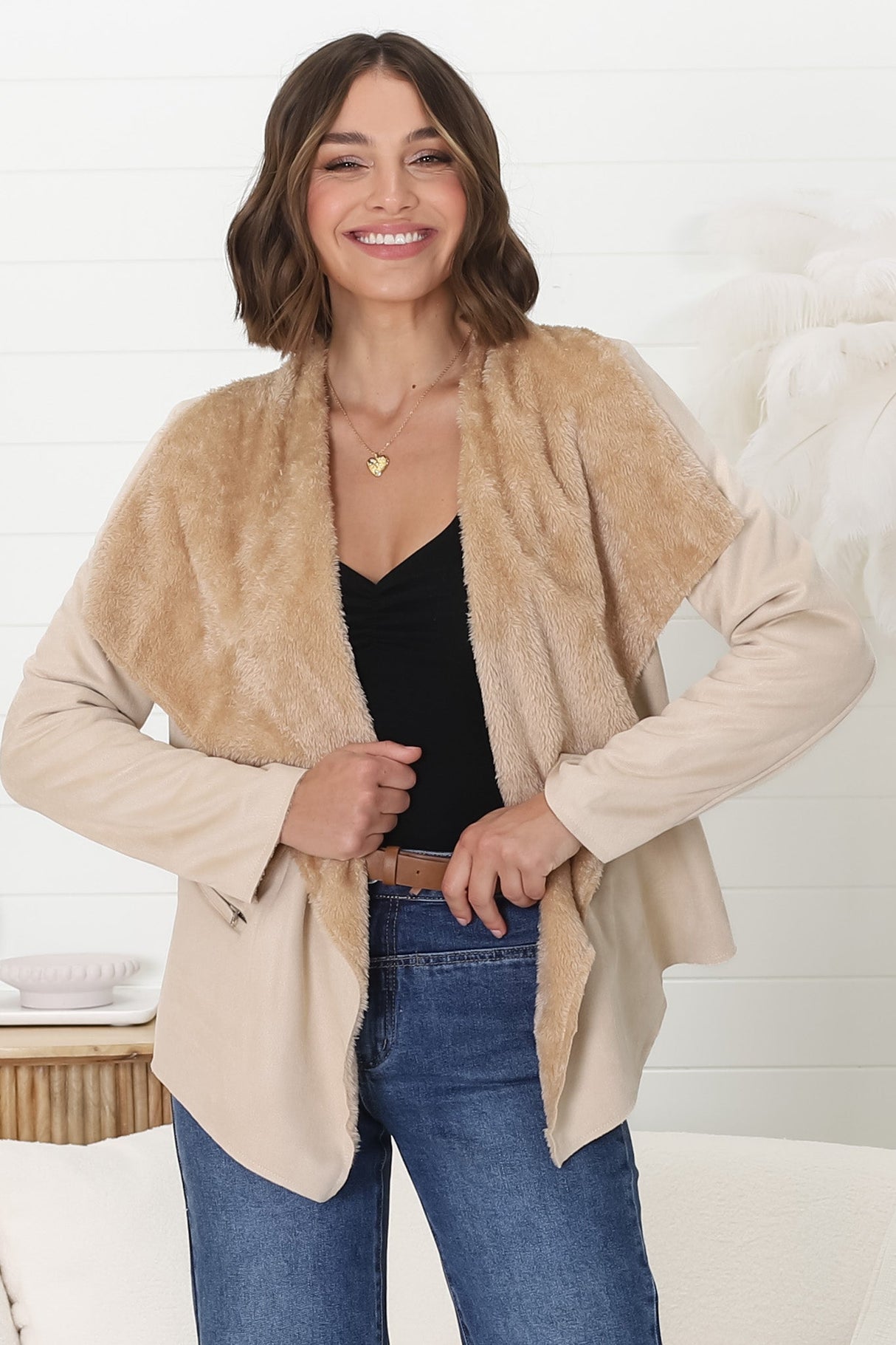 Newton Crop Jacket - Faux Fur Lined Suede-Like Waterfall Jacket in Beige