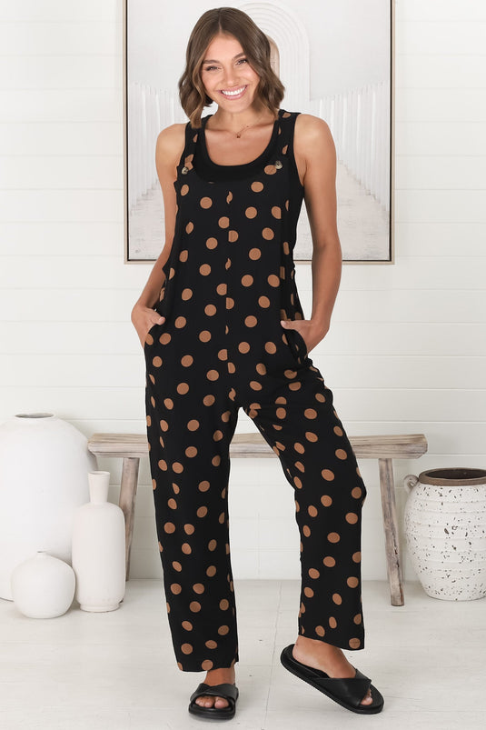 Tully Jumpsuit - Pinafore Polka Dot Jumpsuit with Pockets in Mahony Print