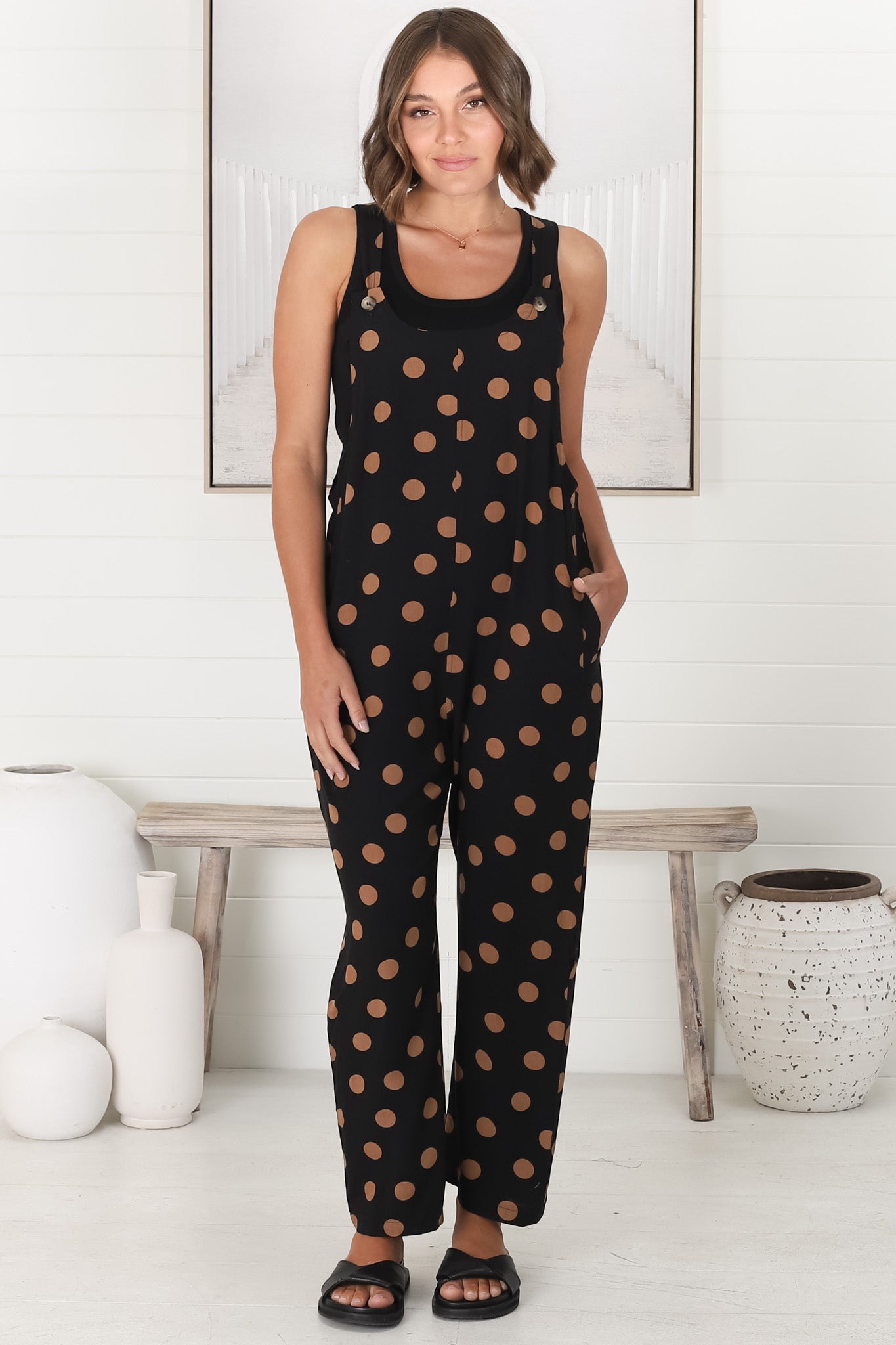 Tully Jumpsuit - Pinafore Polka Dot Jumpsuit with Pockets in Mahony Print