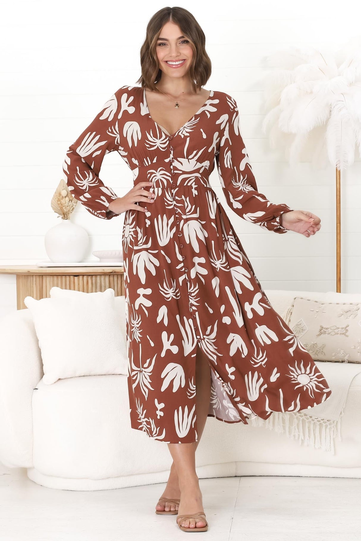 Bello Midi Dress -  Button Through Dress with Balloon Sleeves in Wells Print Brown