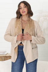 Newton Crop Jacket - Faux Fur Lined Suede-Like Waterfall Jacket in Beige