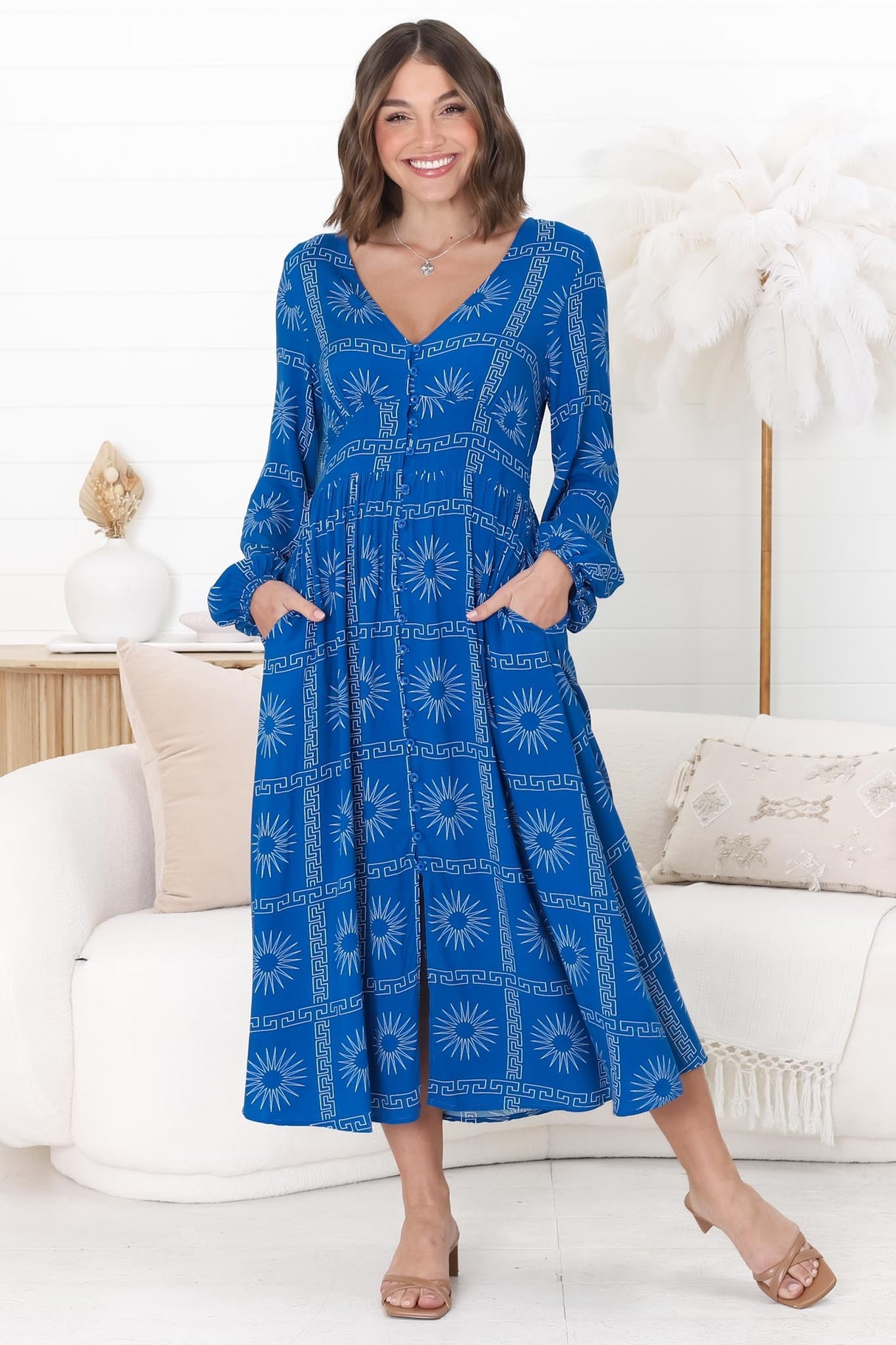 Bello Midi Dress - Button Through Dress with Balloon Sleeves in Astra Print Blue