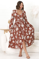 Bello Midi Dress -  Button Through Dress with Balloon Sleeves in Wells Print Brown