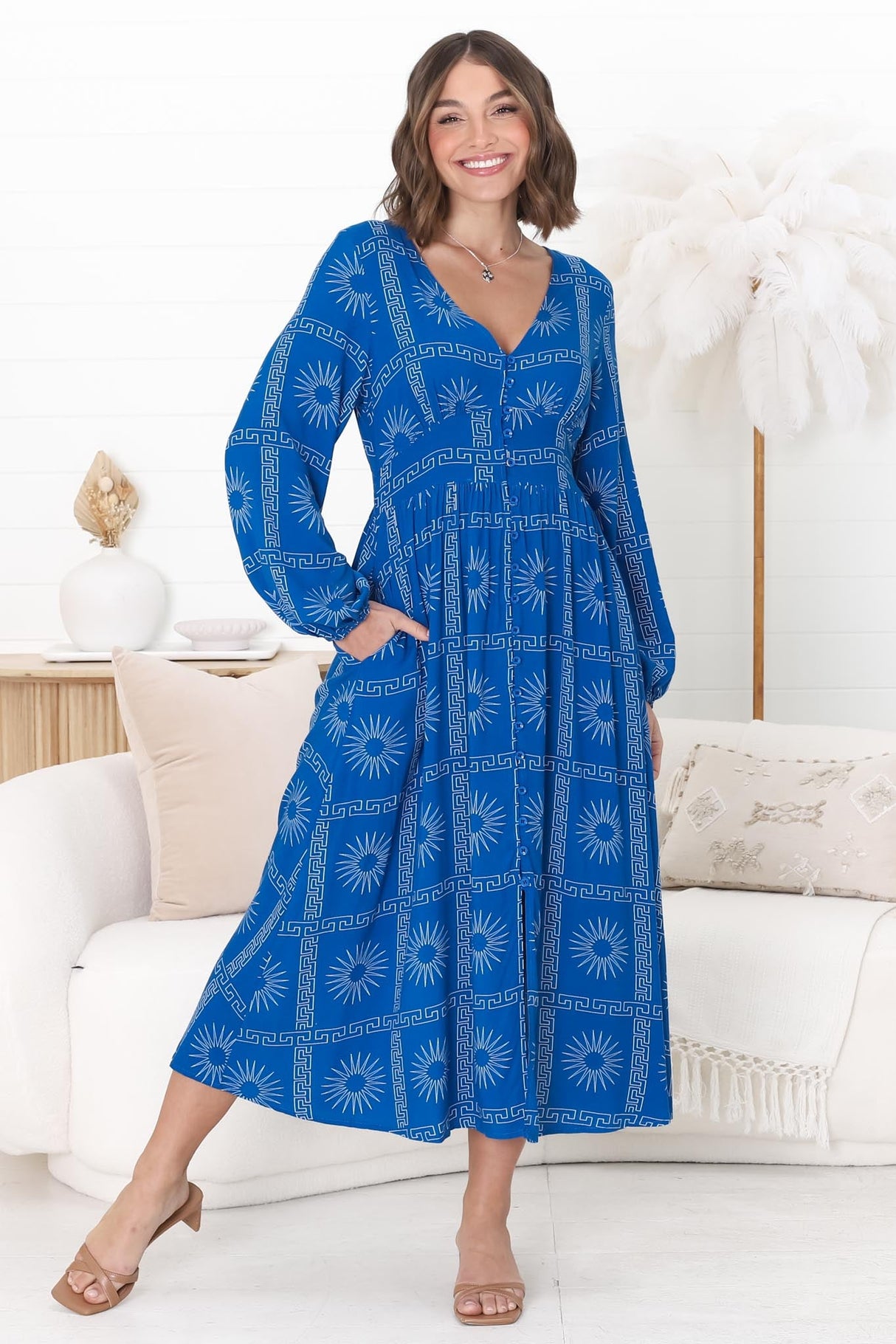 Bello Midi Dress - Button Through Dress with Balloon Sleeves in Astra Print Blue