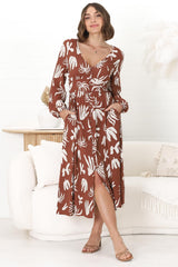 Bello Midi Dress -  Button Through Dress with Balloon Sleeves in Wells Print Brown