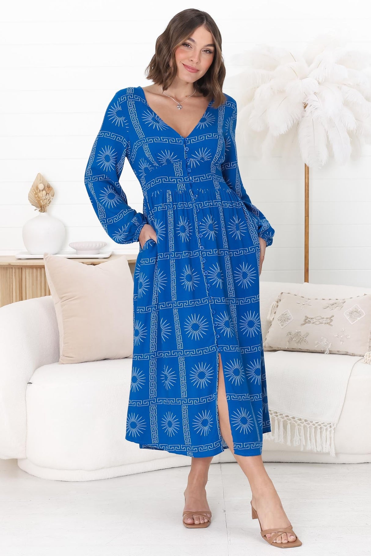 Bello Midi Dress - Button Through Dress with Balloon Sleeves in Astra Print Blue