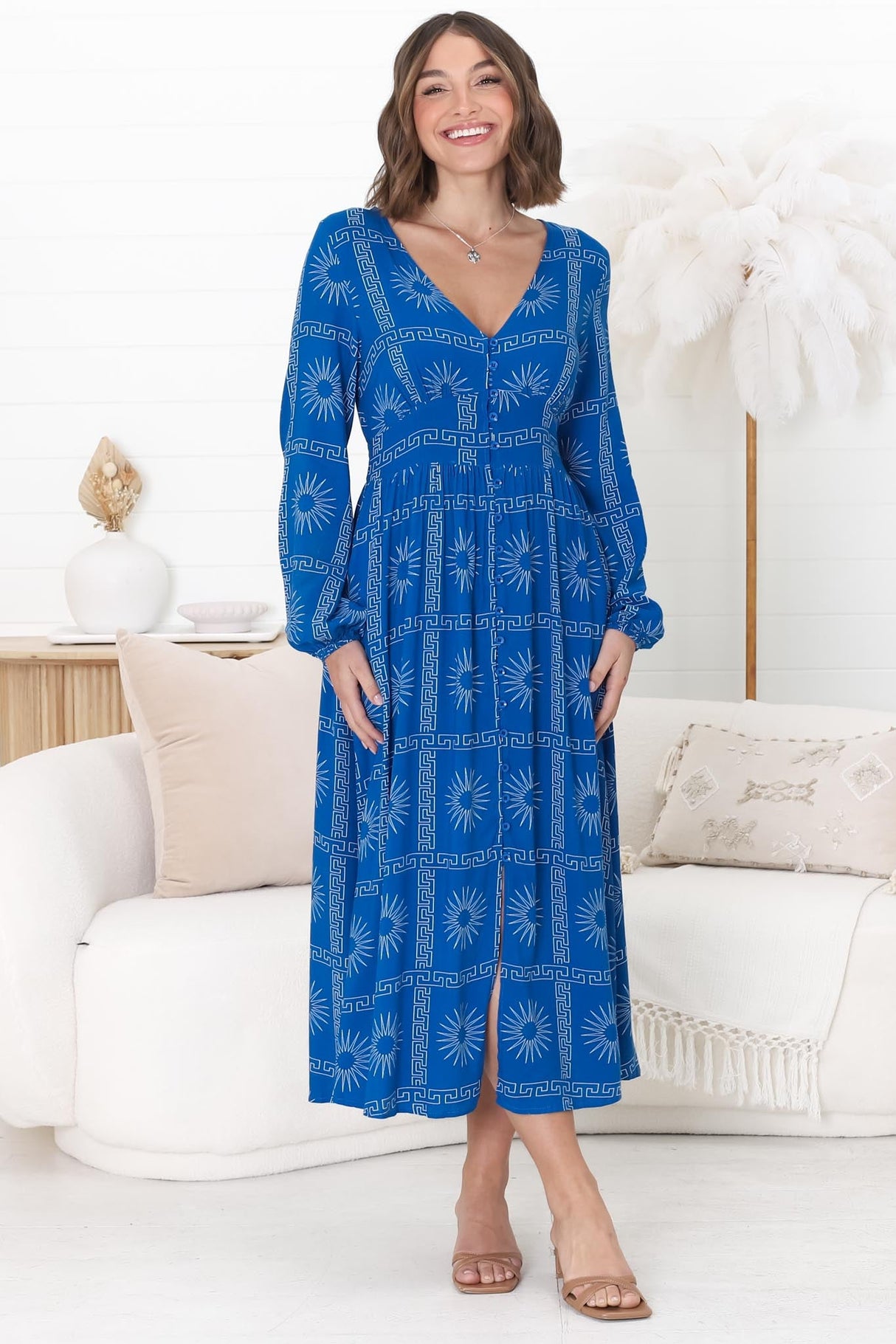 Bello Midi Dress - Button Through Dress with Balloon Sleeves in Astra Print Blue