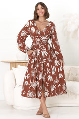 Bello Midi Dress -  Button Through Dress with Balloon Sleeves in Wells Print Brown