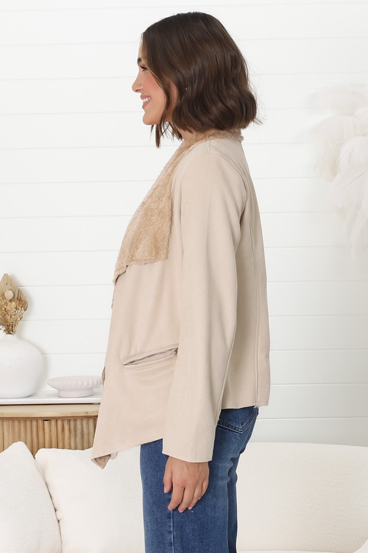 Newton Crop Jacket - Faux Fur Lined Suede-Like Waterfall Jacket in Beige