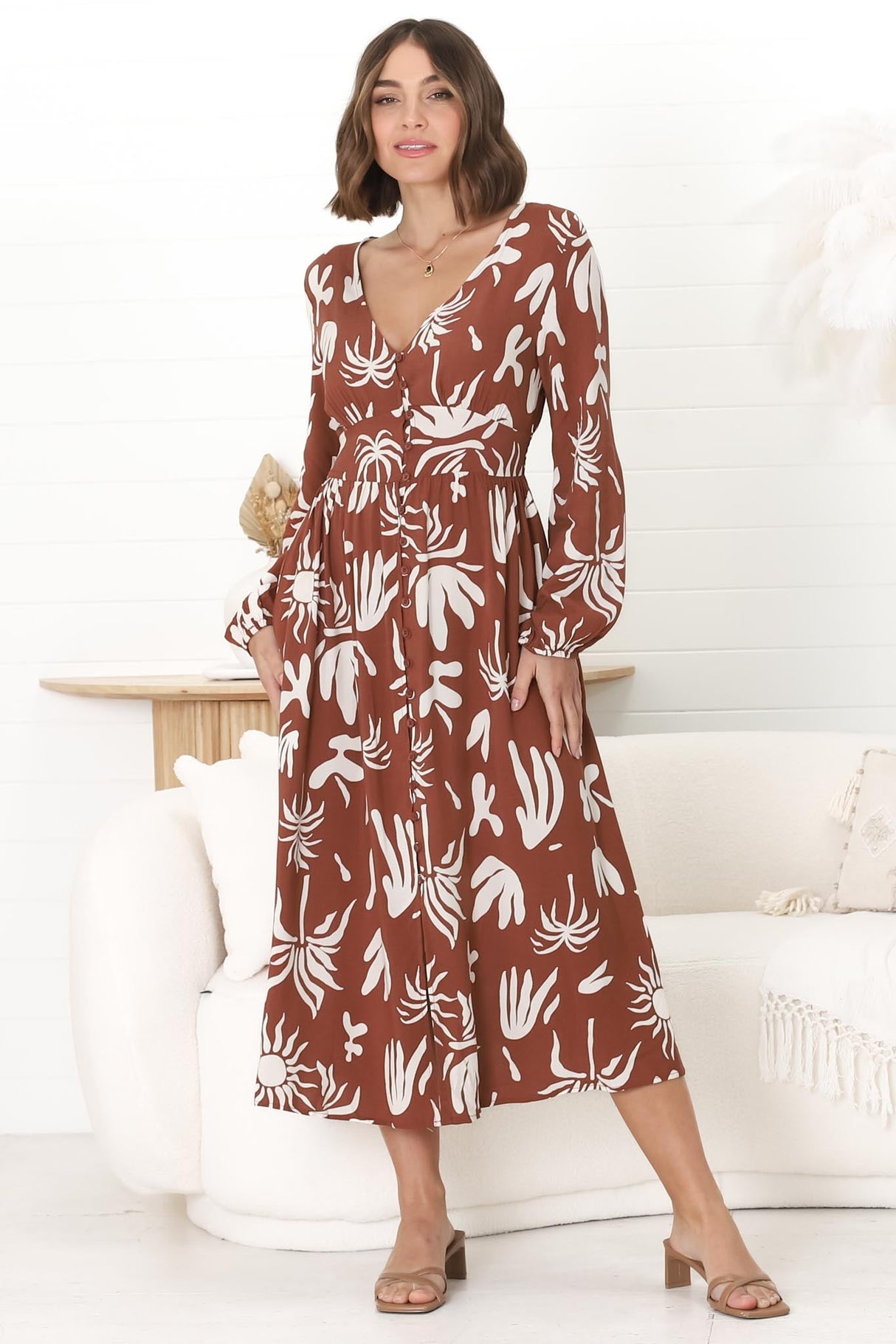 Bello Midi Dress -  Button Through Dress with Balloon Sleeves in Wells Print Brown