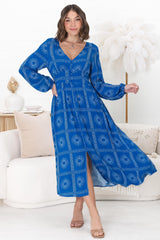 Bello Midi Dress - Button Through Dress with Balloon Sleeves in Astra Print Blue