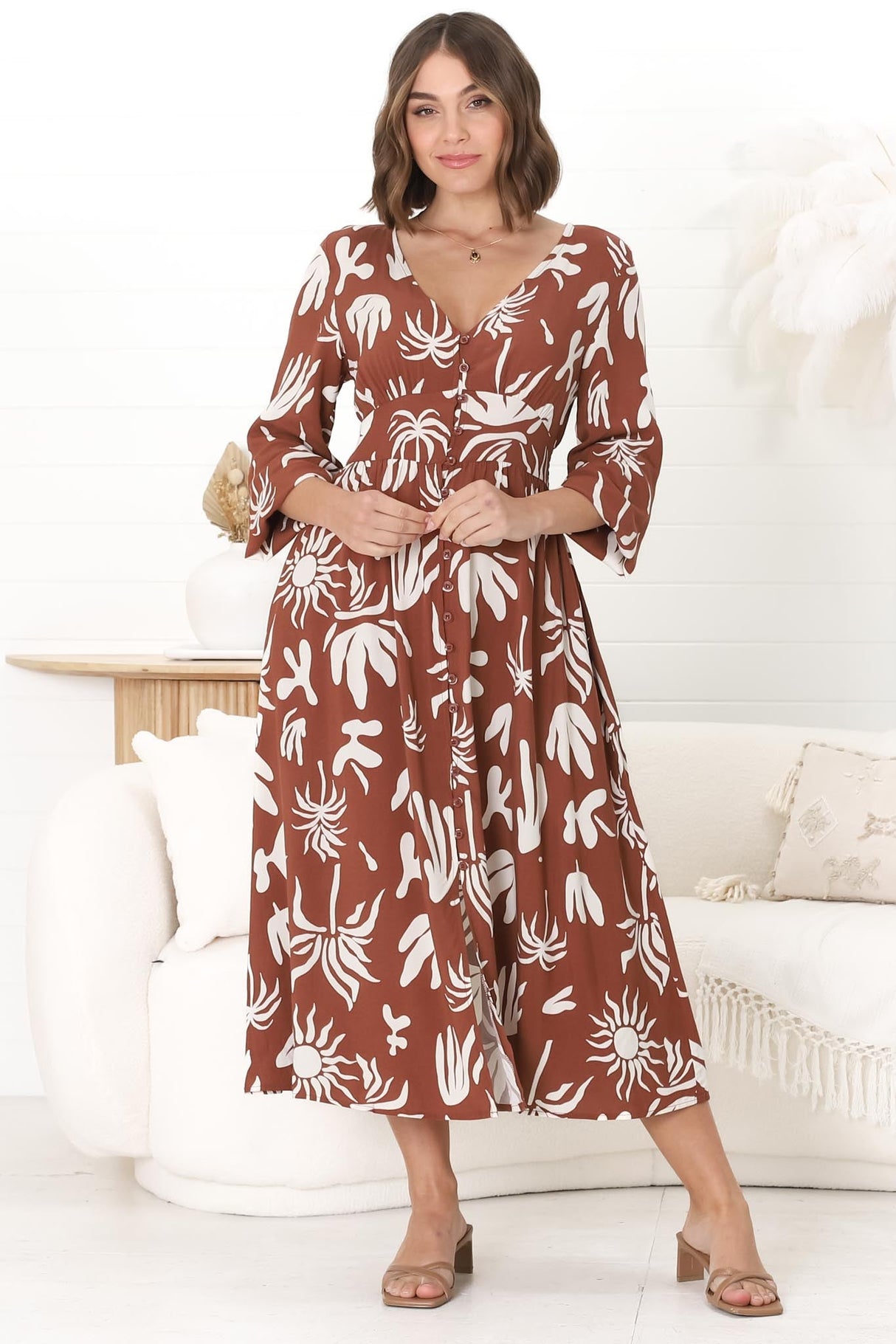 Bello Midi Dress -  Button Through Dress with Balloon Sleeves in Wells Print Brown