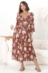 Bello Midi Dress -  Button Through Dress with Balloon Sleeves in Wells Print Brown