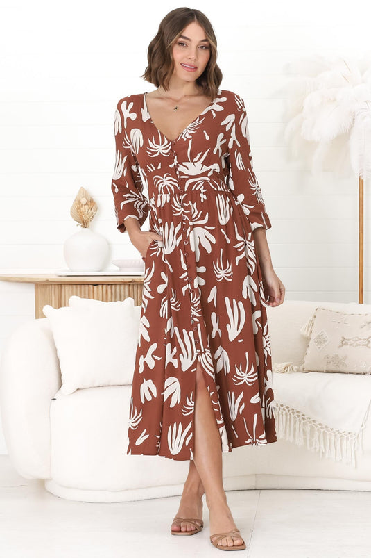 Bello Midi Dress -  Button Through Dress with Balloon Sleeves in Wells Print Brown