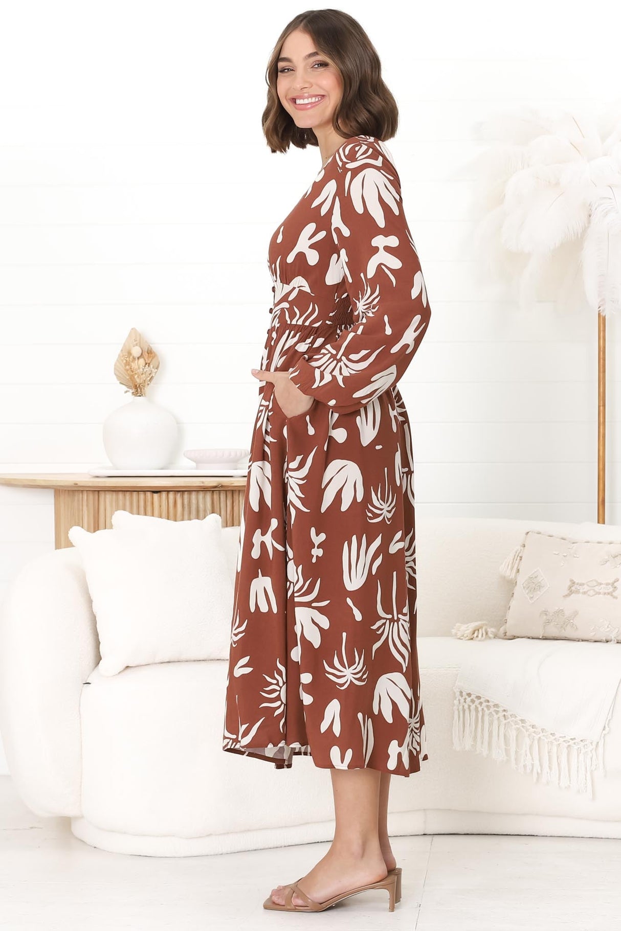 Bello Midi Dress -  Button Through Dress with Balloon Sleeves in Wells Print Brown