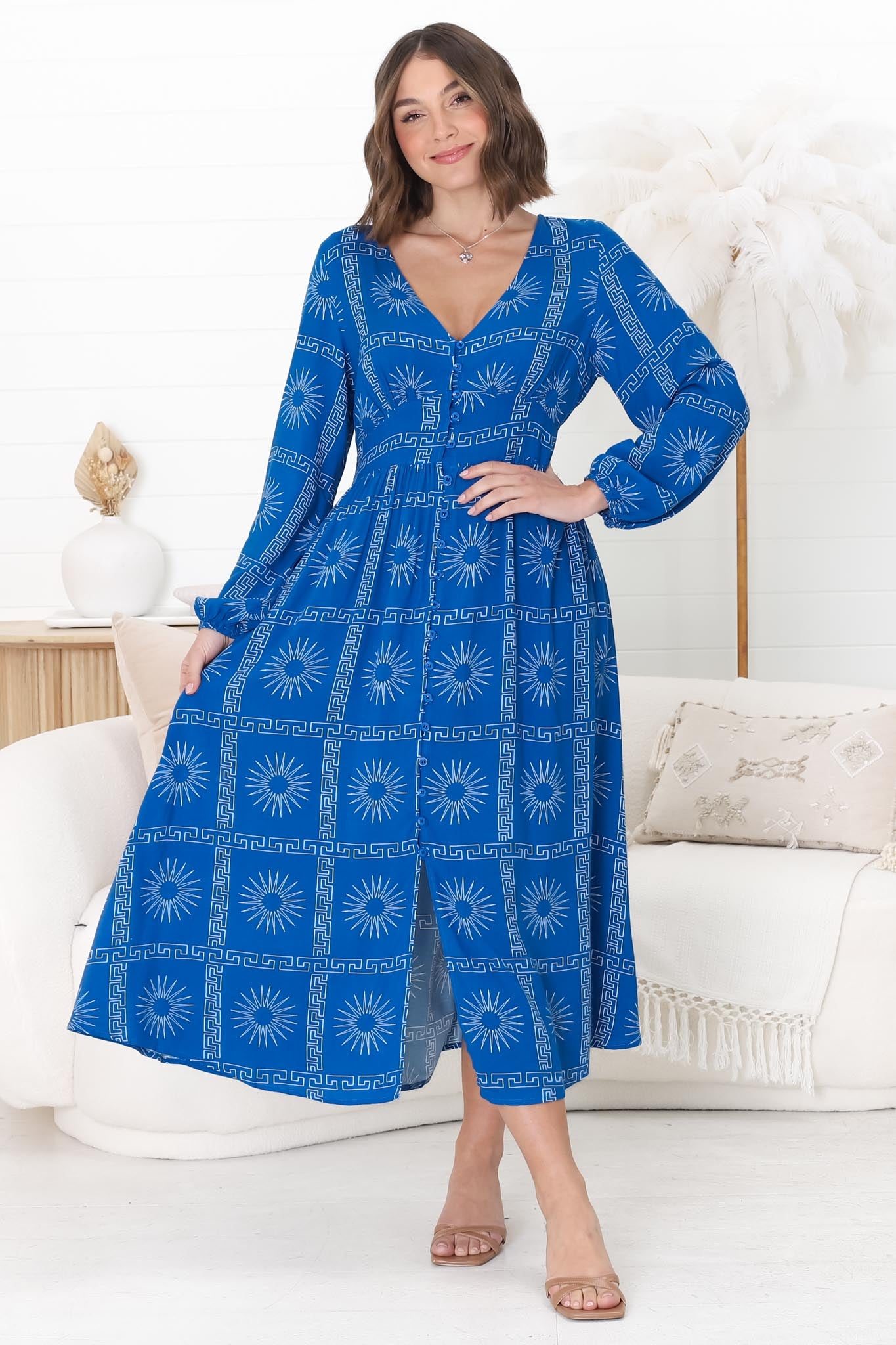 Bello Midi Dress - Button Through Dress with Balloon Sleeves in Astra Print Blue