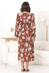 Bello Midi Dress -  Button Through Dress with Balloon Sleeves in Wells Print Brown