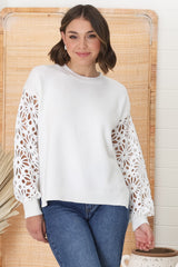 Carley Jumper - Crew Neck Lace Sleeve Knit in White