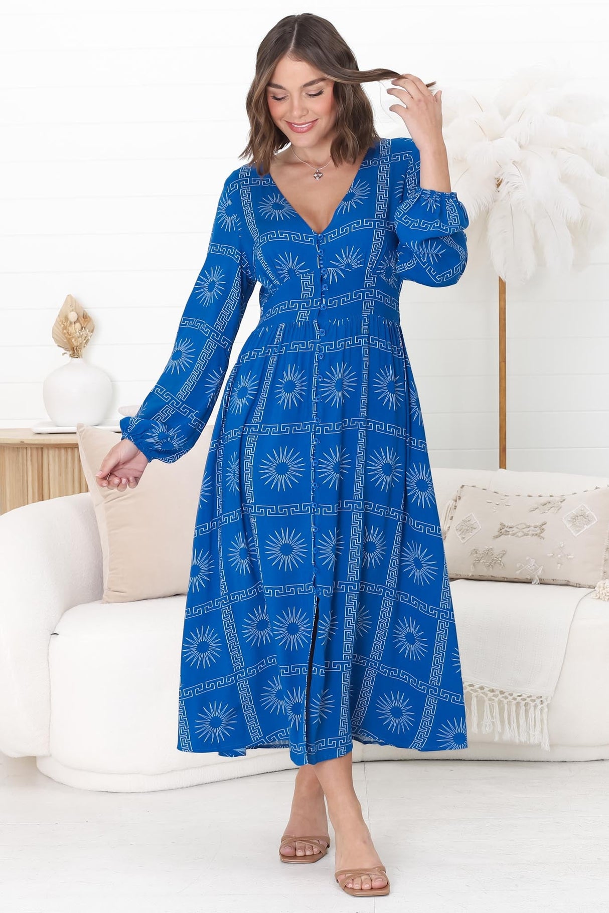 Bello Midi Dress - Button Through Dress with Balloon Sleeves in Astra Print Blue