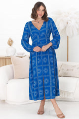 Bello Midi Dress - Button Through Dress with Balloon Sleeves in Astra Print Blue