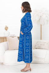 Bello Midi Dress - Button Through Dress with Balloon Sleeves in Astra Print Blue