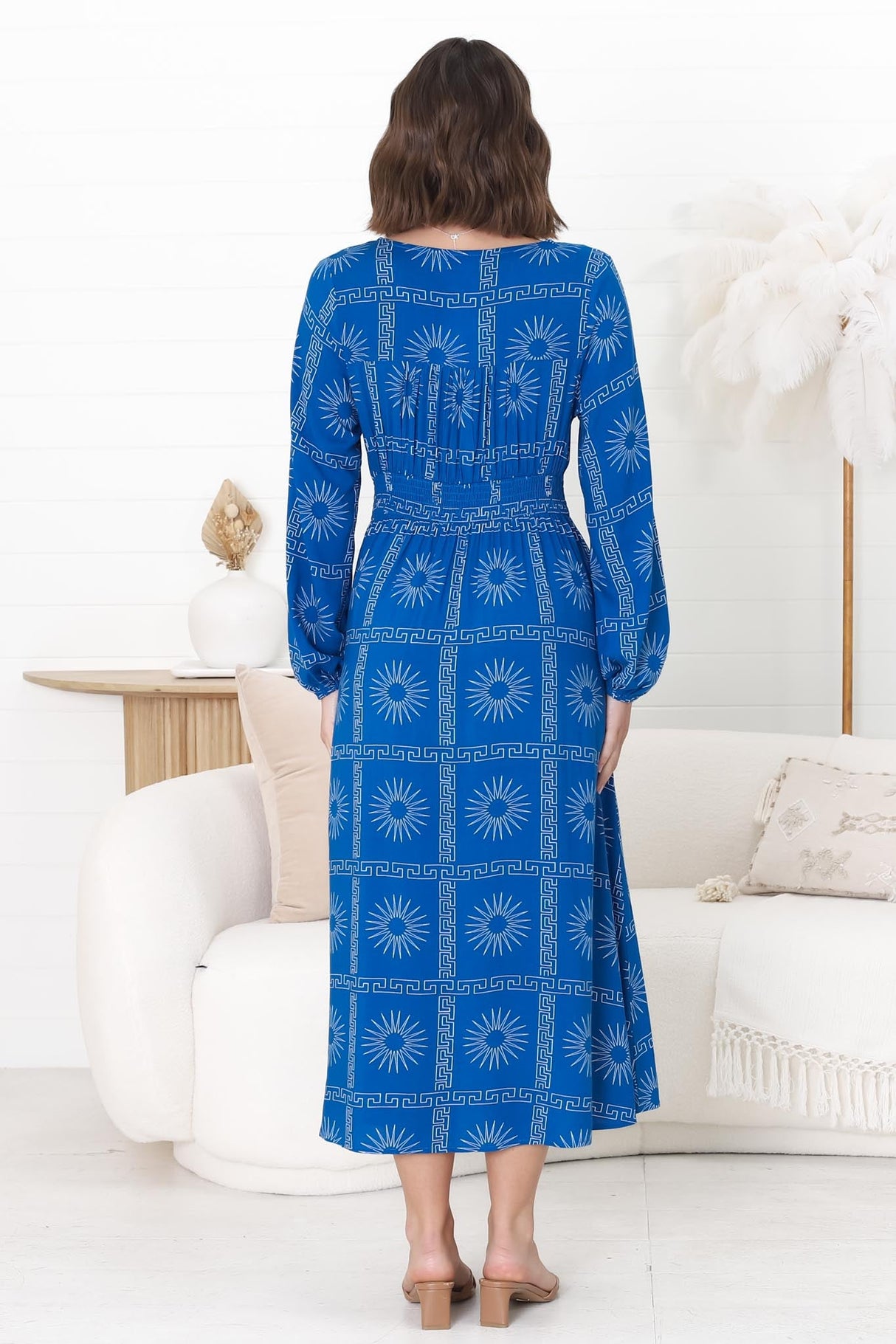 Bello Midi Dress - Button Through Dress with Balloon Sleeves in Astra Print Blue