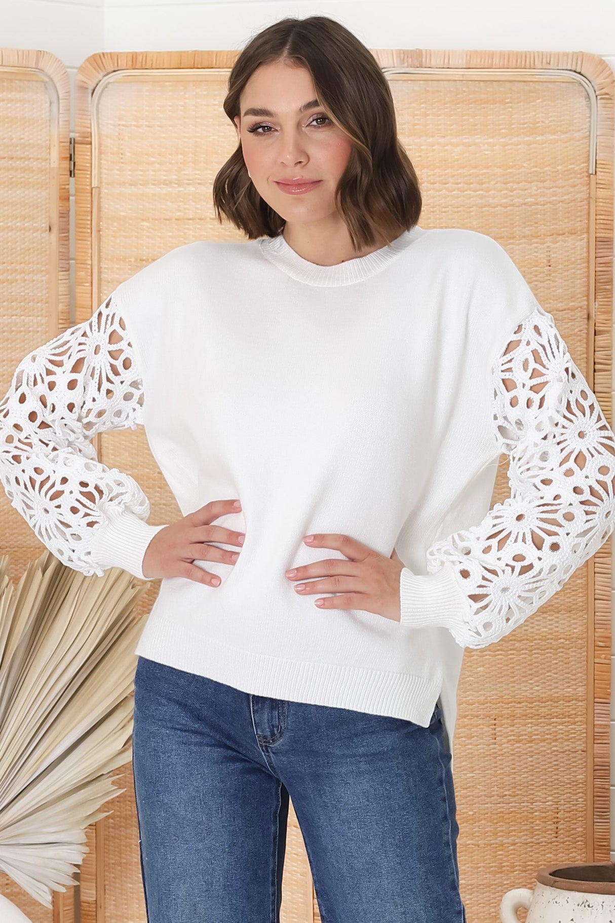 Carley Jumper - Crew Neck Lace Sleeve Knit in White