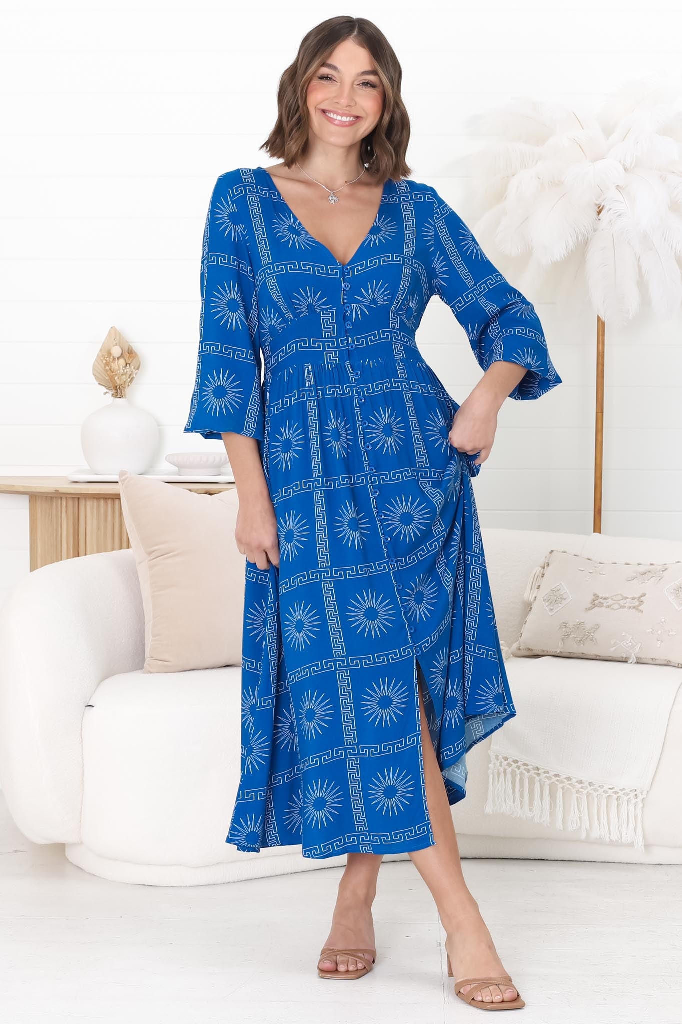 Bello Midi Dress - Button Through Dress with Balloon Sleeves in Astra Print Blue