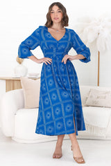 Bello Midi Dress - Button Through Dress with Balloon Sleeves in Astra Print Blue