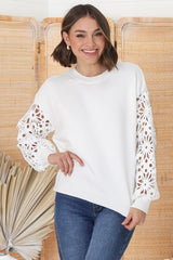 Carley Jumper - Crew Neck Lace Sleeve Knit in White